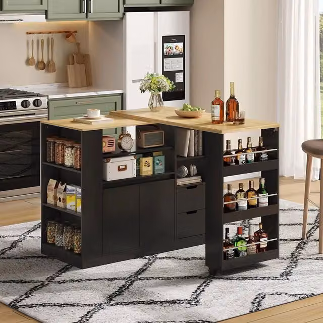 Isola cucina moderna Xylo con piano scorrevole, 3 lati con ripiani e 2 cassetti, disponibile in nero o marrone, L: 115 cm, P: 50 cm, H: 92 cm