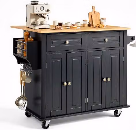 VEVOR Carrello da Cucina con Piano Ribaltabile in Legno e Mobiletto Portaoggetti, Isola Portatile con Rotelle, Porta Spezie e Ganci, Nero
