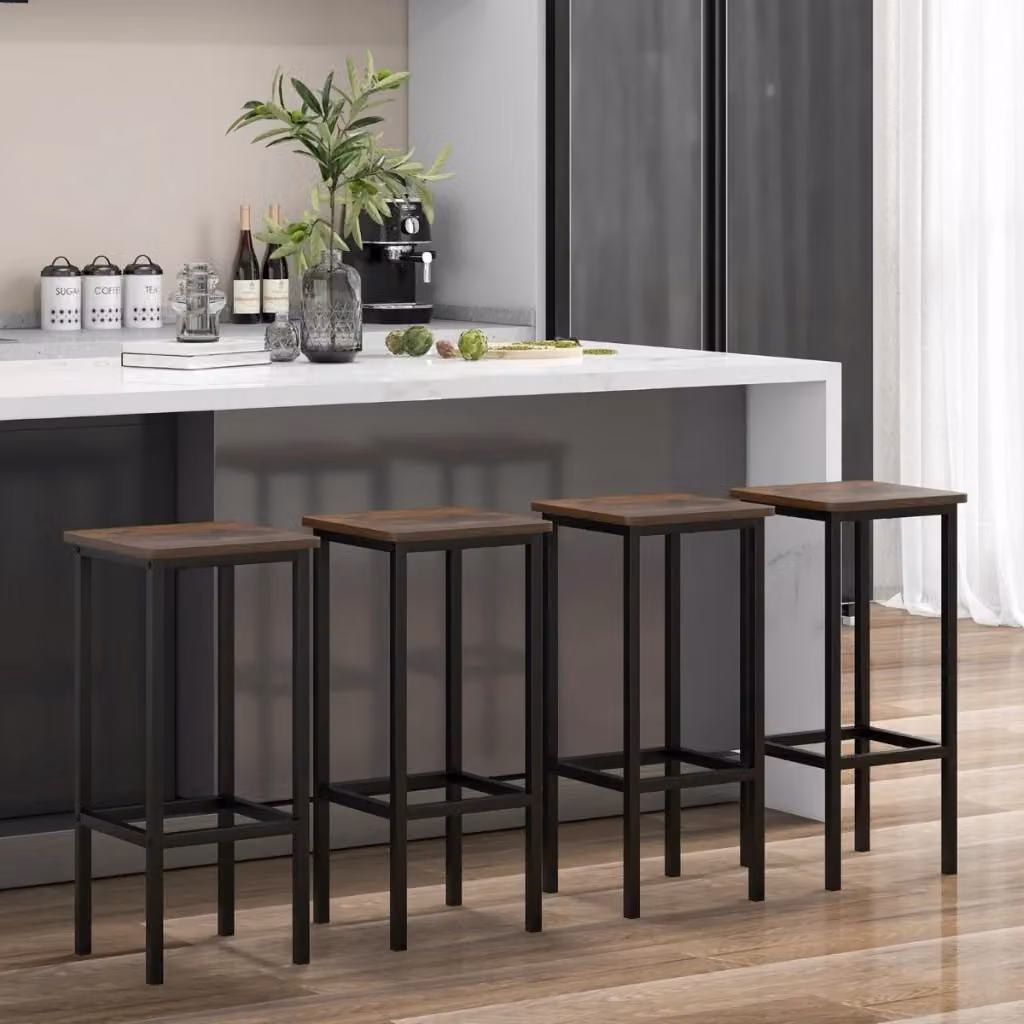 Set di 4 sgabelli da bar in stile industriale con gambe in metallo e poggiapiedi, colore marrone, Altezza: 65 cm – 2