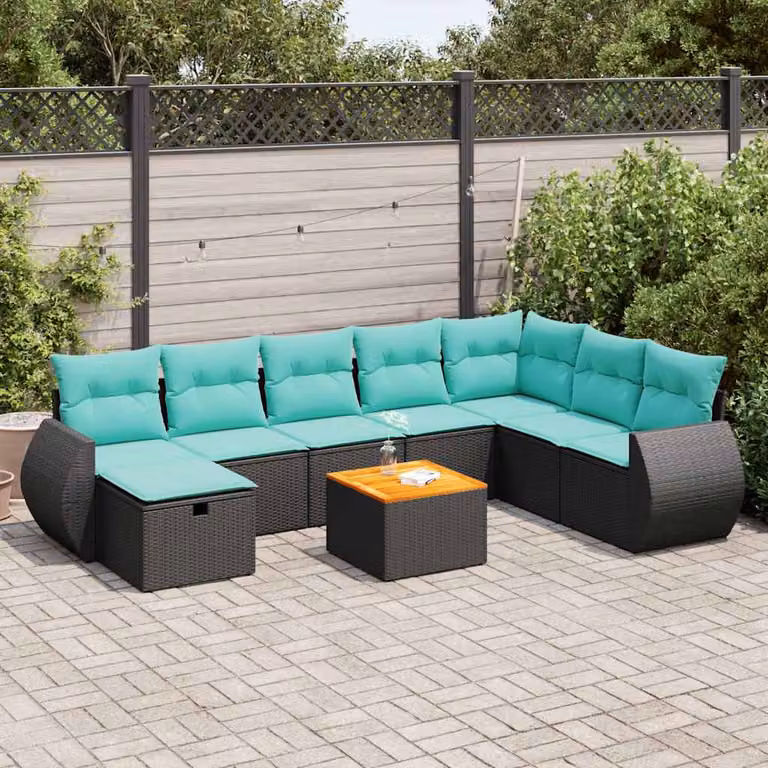 Set di divani da giardino vidaXL 9 pz a forma di U in rattan con cuscini e tavolino da esterno nero