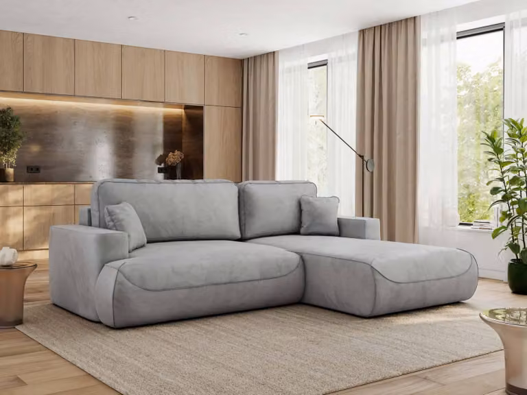 Divano angolare MKS MEBLE OVO con funzione letto e box letto, velluto grigio chiaro, divano a L, divano angolare a 4 posti, 271x195x95 cm - lato destro