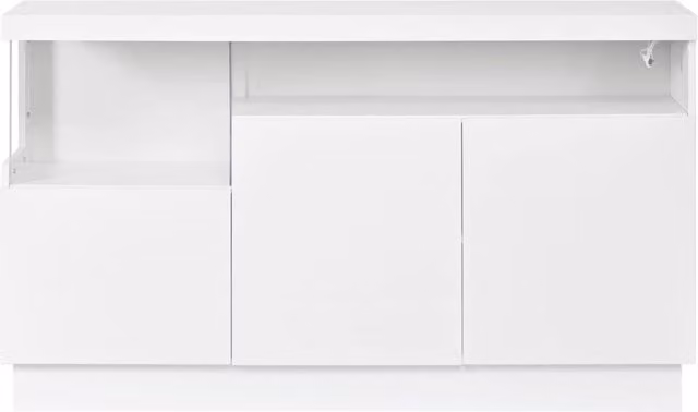 Sideboard moderno bianco lucido con vano acrilico illuminato a LED controllabile tramite app, armadio soggiorno 140x36x80 cm