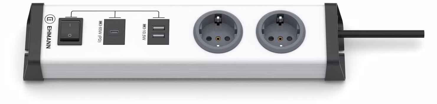 EHMANN 0201x0o022301, ciabatta multipresa con 2 prese standard + 1 porta USB-C da 65W per ricarica rapida