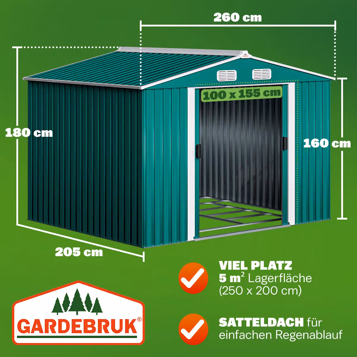 Casetta da giardino Gardebruk in metallo verde con porta scorrevole e ventilazione sul tetto L: 260 cm, P: 205 cm, H: 180 cm – 2