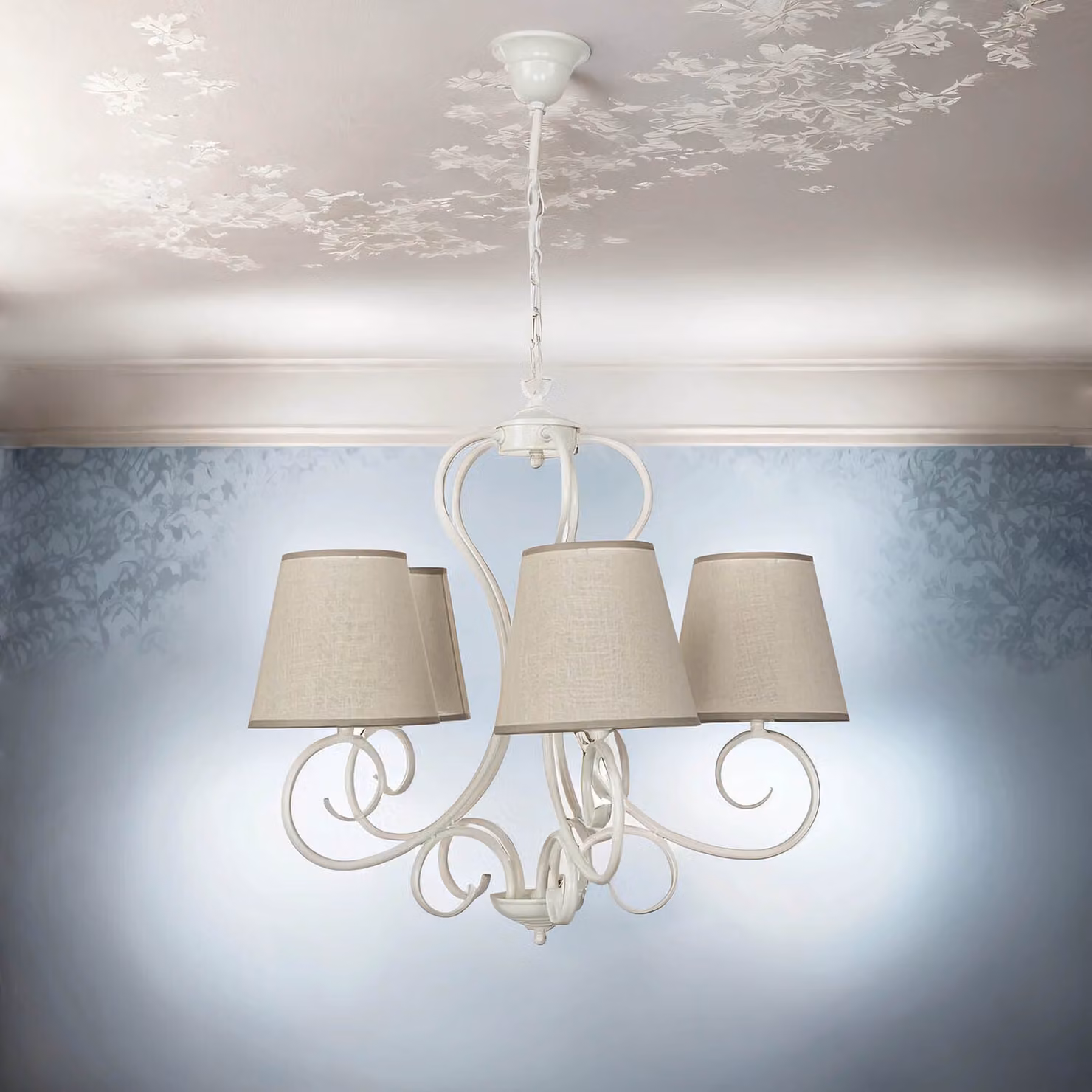 Lampadario con paralume beige bianco a 5 bracci Ø55cm stile country E27 luce a sospensione sala da pranzo soggiorno