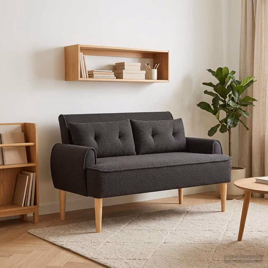 Loveseat vidaXL in tessuto bouclé nero con bottoni imbottiti, L: 117 cm, P: 67 cm, H: 77 cm