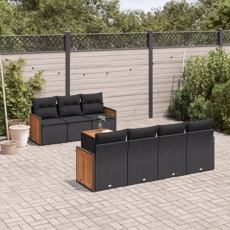 Set Divani da Giardino vidaXL in Polyrattan Nero con 8 Cuscini e Tavolino da Esterno