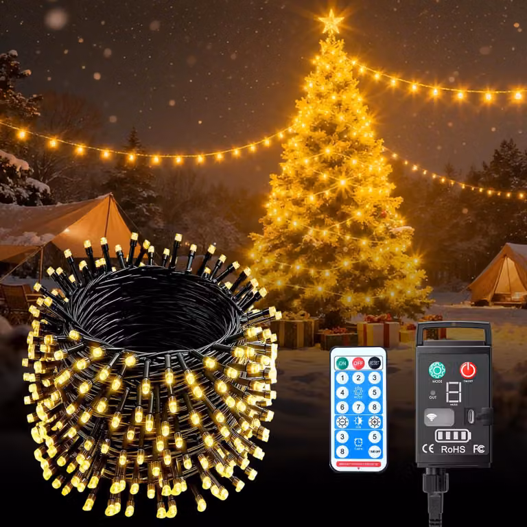 Catena luminosa a LED, 20 metri, 200 LED, alimentata a batteria, 3600 mAh, luce bianco caldo