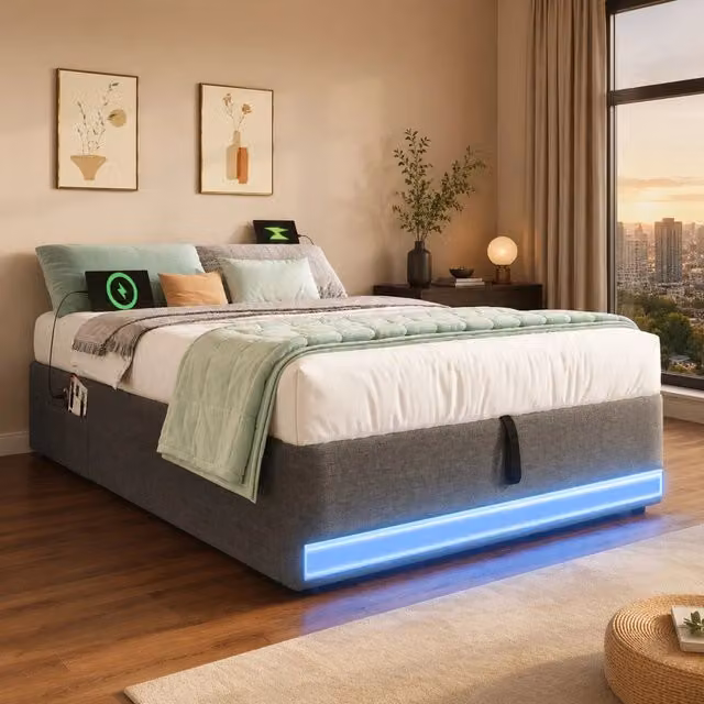 Letto imbottito 90x200 cm grigio con LED, ricarica USB/Type-C e vano contenitore