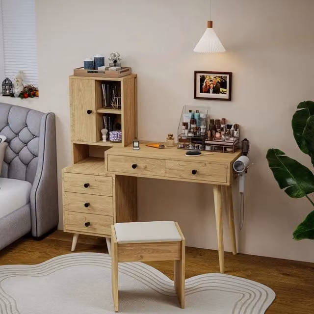 Toeletta SINGULARTY con specchio, sgabello e 5 cassetti, finitura effetto legno naturale, L: 120 cm, P: 40 cm, H: 40 cm