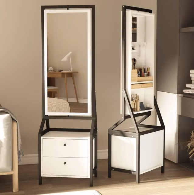 Armadio portagioie moderno bianco con specchio a figura intera e cassetti interni in legno e metallo