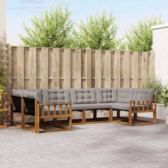 Set di divani da esterno a L vidaXL in legno di acacia e textilene, 6 pezzi, Beige e Grigio – 1