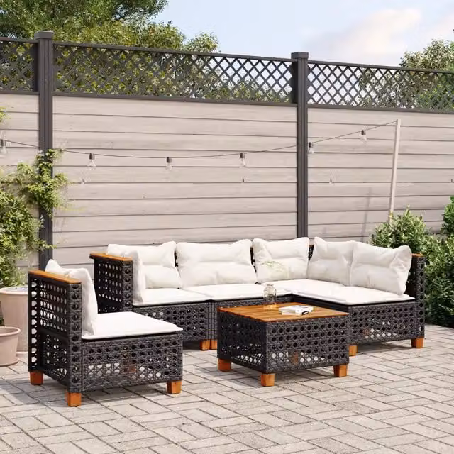 vidaXL Set Divano da Giardino a L in Polyrattan Nero con Cuscini e Tavolino da 6 Pezzi