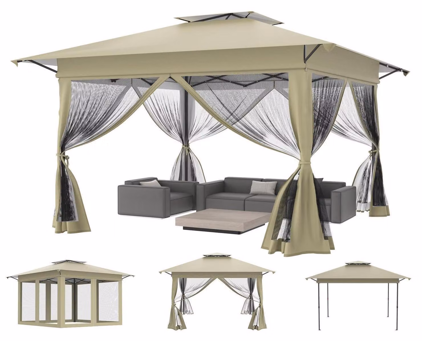 Paviglione pop-up 4x4 metri, color kaki, con protezione UV, protezione anti-zanzare, altezza regolabile e tetto a doppio strato