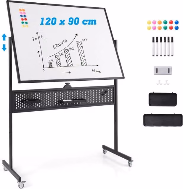 Lavagna mobile a due lati con supporto e accessori in metallo per casa o ufficio, L 120 x H 90 cm, Nero e Bianco
