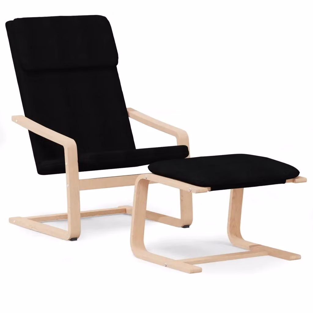 Poltrona Relax Moderna con Poggiapiedi Nera in Tessuto e Struttura in Legno di Betulla – 2