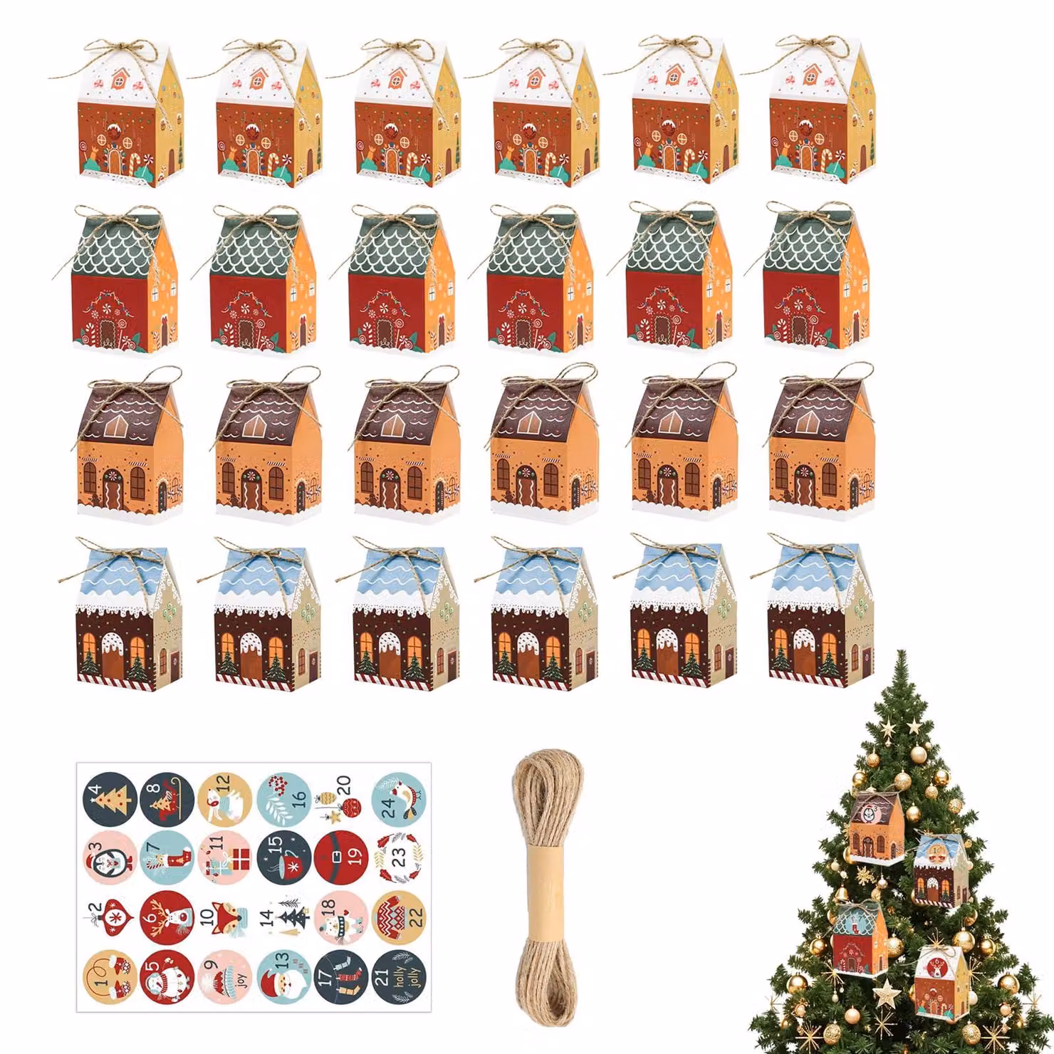 Calendario dell'Avvento da riempire, composto da 24 piccoli contenitori in cartoncino, disponibili in 4 diversi design