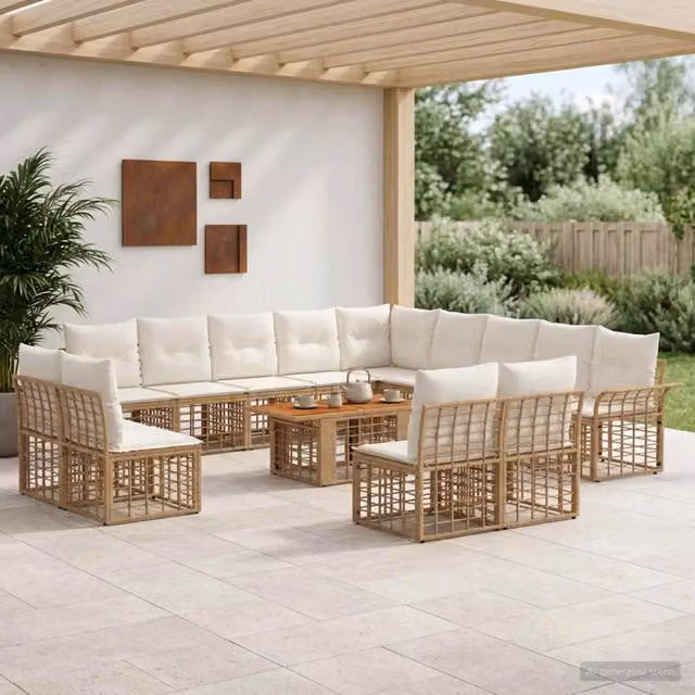 Set Divano da Giardino Moderno vidaXL in Polyrattan con Tavolino e Cuscini, Colore Naturale e Bianco Crema – 1
