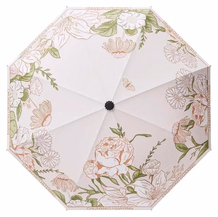 Ombrello con protezione UV 50+, impermeabile, resistente al vento, pieghevole, design retrò con motivo floreale, manico in legno vintage, 26 cm, 330 g