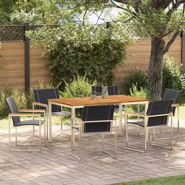 Set da pranzo per giardino e terrazzo vidaXL in legno di acacia e acciaio inossidabile, 7 pezzi, marrone – 1