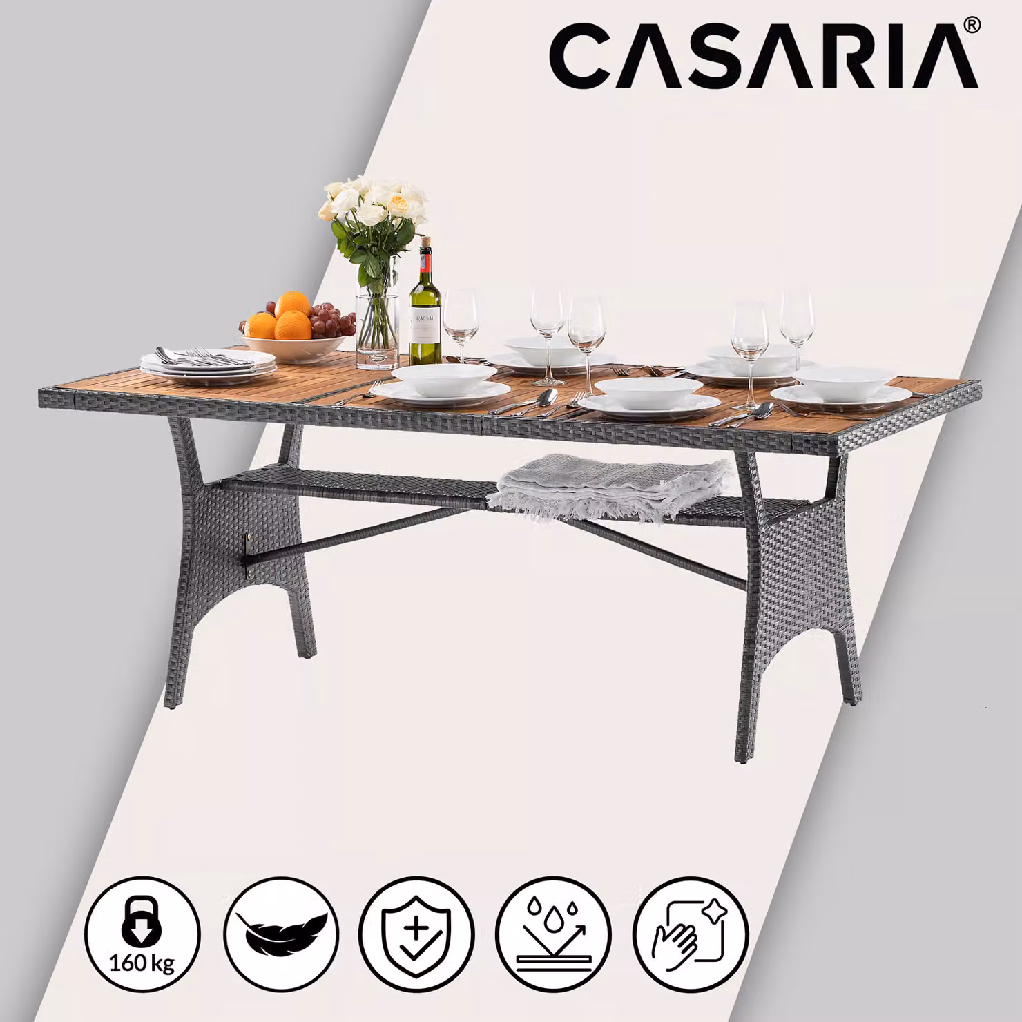 Tavolo da giardino estensibile Casaria in legno di acacia oliato e polyrattan grigio L: 190 cm, P: 90 cm, H: 74 cm – 3