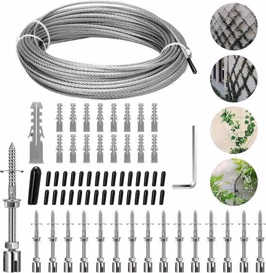 Sostegno per piante di alluminio inox con supporti a parete e cavo di acciaio per giardino - muro - calcestruzzo - cancello - legno massello - 16 supporti, 24 m di corda.