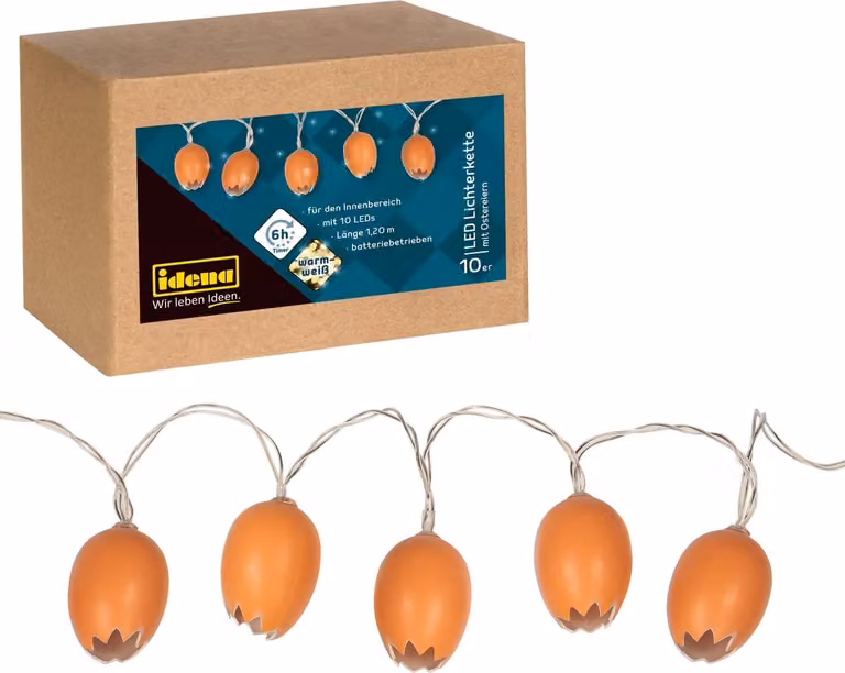 Idena 31245 - Fata luminosa a LED di Pasqua con 10 LED bianchi caldi che riproducono le uova di Pasqua marroni, alimentata a batteria, con funzione timer di 6 ore, lunga circa 1,2 m, come decorazione per il periodo pasquale