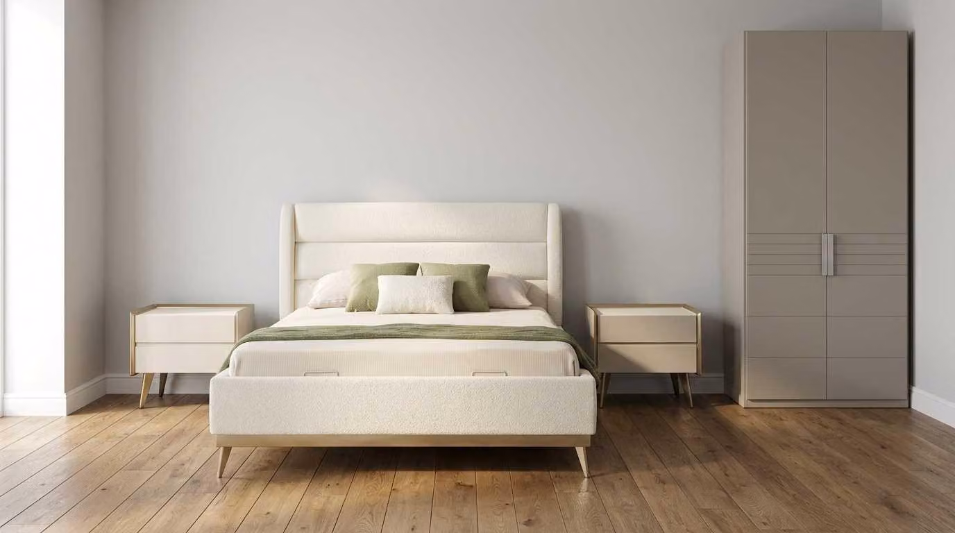 Set per camera da letto beige, moderno e composto da: letto, armadio e 2 comodini