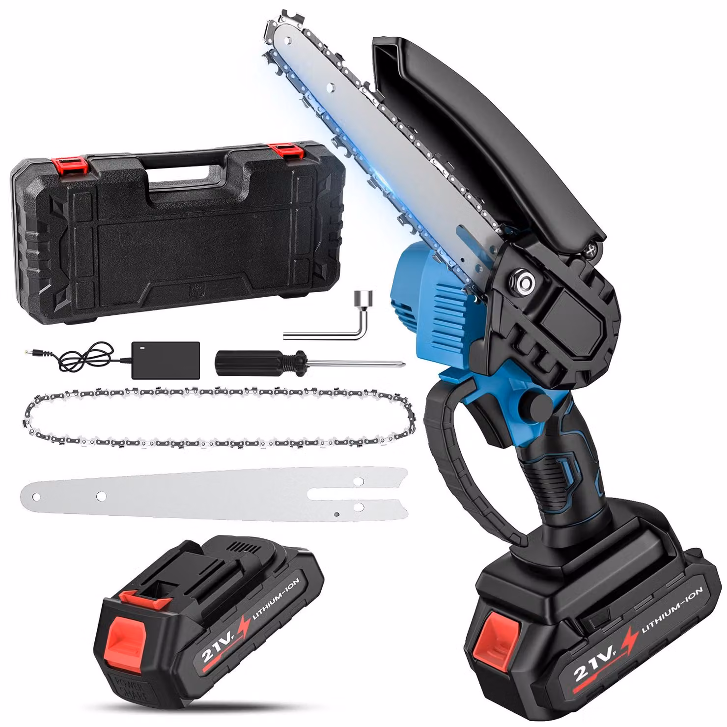 Mini motosega a batteria - Motosega portatile a batteria - Lame da 15 cm - 1 batteria inclusa - Ideale per il taglio di legno e potatura di alberi - Attrezzo da giardino
