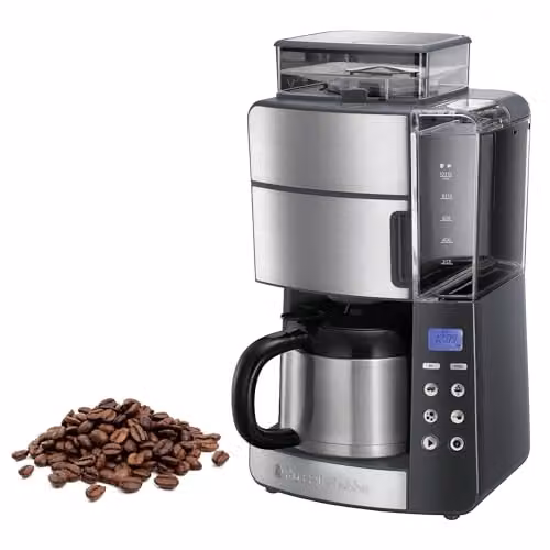 Russell Hobbs Macchina Caffè Americano con Macinacaffé Integrato - Timer digitale, Filtro per Estrazione e Aroma ottimali - Caraffa Termica; Max 10 tazze, 3 livelli di Macinatura, Grind&Brew 25620-56