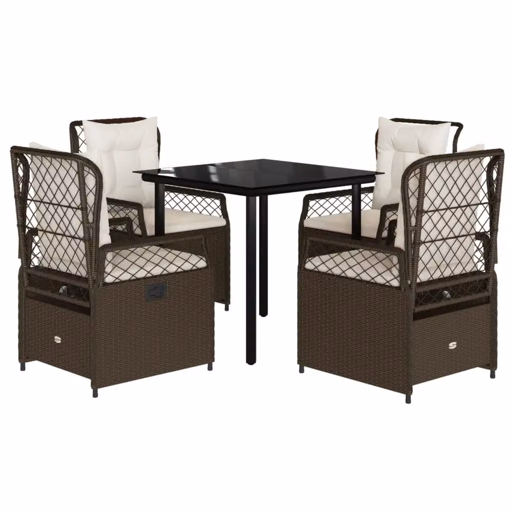 Set da Pranzo da Giardino 5pz vidaXL in Polyrattan Marrone con Cuscini e Tavolo in Vetro – 2