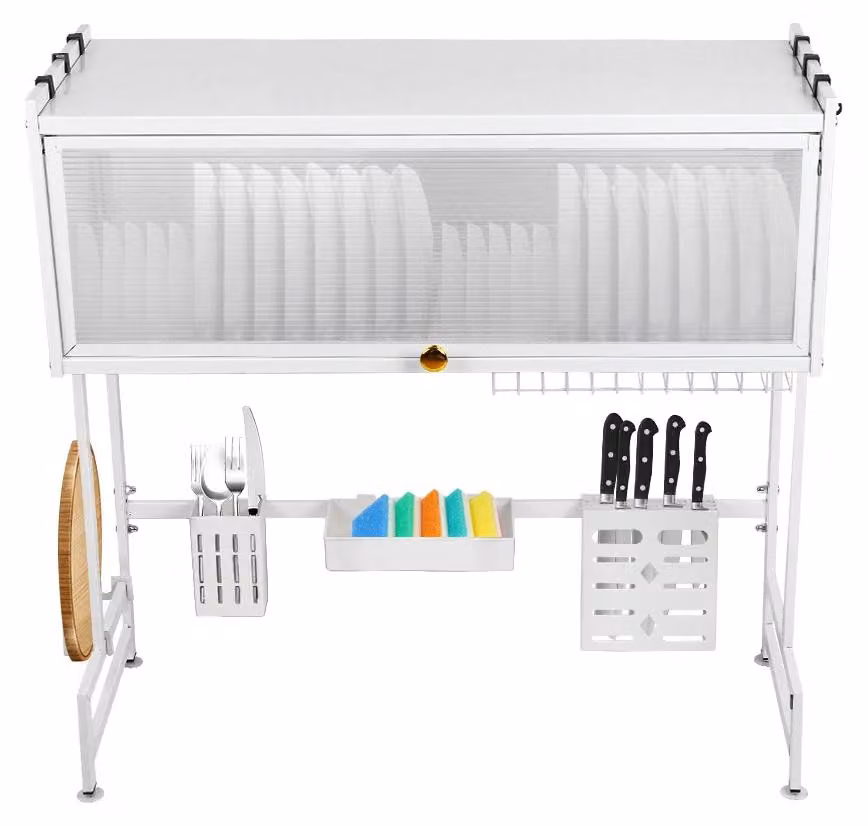 Contenitore per lavelli da cucina, organizer multi-scomparto, design auto-svuotante, BIANCO, 65x30x78 cm
