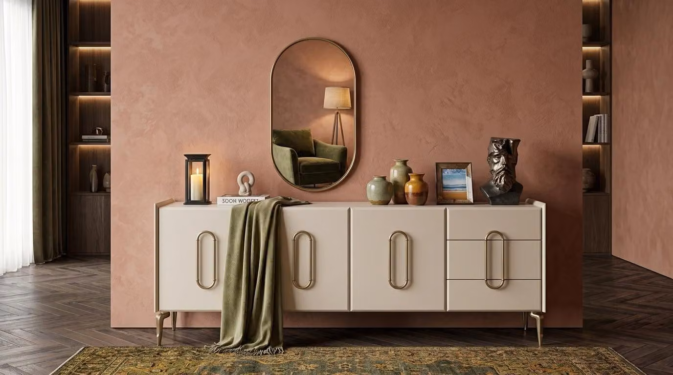 Elegante mobiletto bianco con specchio, in legno e metallo, ideale per l'arredamento della casa