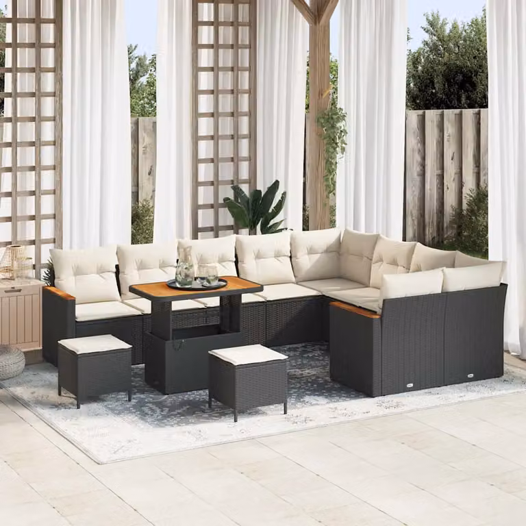 Set Divano da Giardino vidaXL 12 Pezzi a Forma di L con Tavolino, Ottoman e Cuscini, Nero e Beige