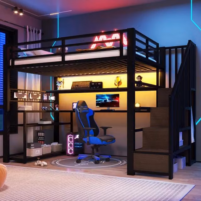 Letto a soppalco gaming con LED armadio e scrivania ¨C Minimal ¨C nero metallo 90x200 cm