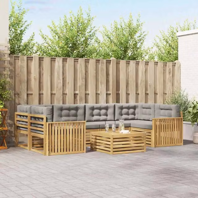 Set di divani da esterno 7 pezzi vidaXL in legno di acacia con tavolino e cuscini Bianco e Grigio – 1