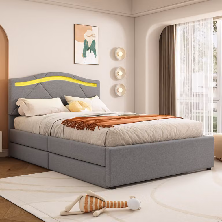 Letto imbottito 90 x 200 cm con illuminazione a LED, 2 cassetti, poggiatesta regolabile e rete a doghe, rivestito in lino, colore grigio