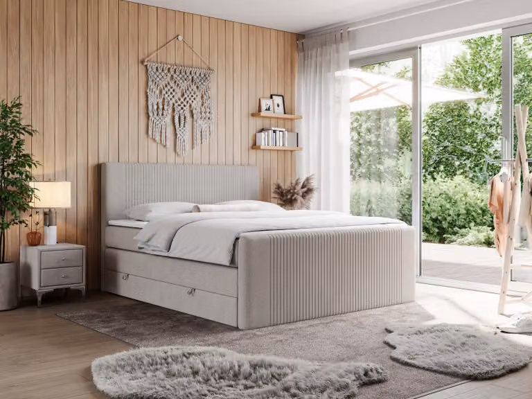 Letto boxspring matrimoniale con materasso a tasche multiple e due cassetti - KING DOREN - 140x200 cm - Beige - H4