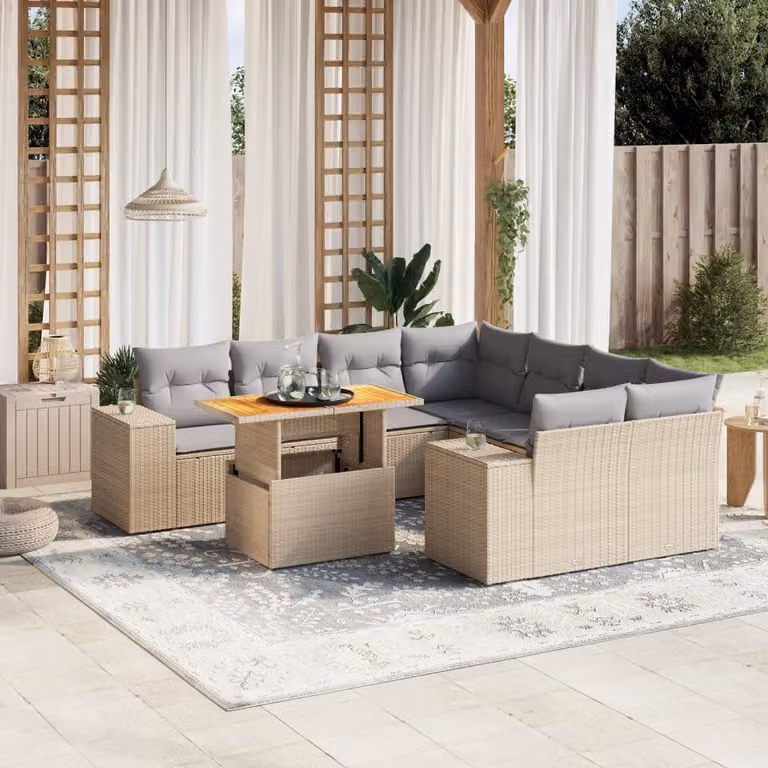 Set Divano da Giardino a L vidaXL 9 pz con Cuscini Beige e Tavolino, Struttura in Acciaio e Legno di Acacia
