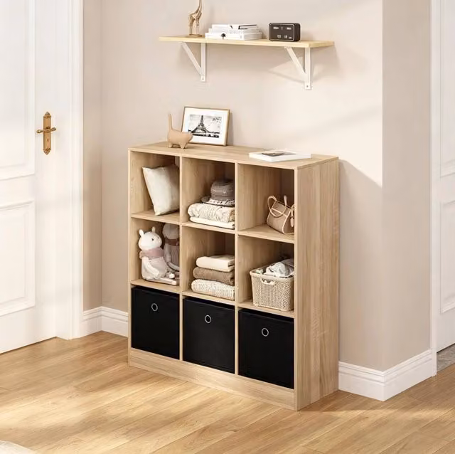 Libreria ULEVR 80x30x86,5 cm con 3 cassetti in tessuto, scaffale a cubi autoportante rovere chiaro e nero