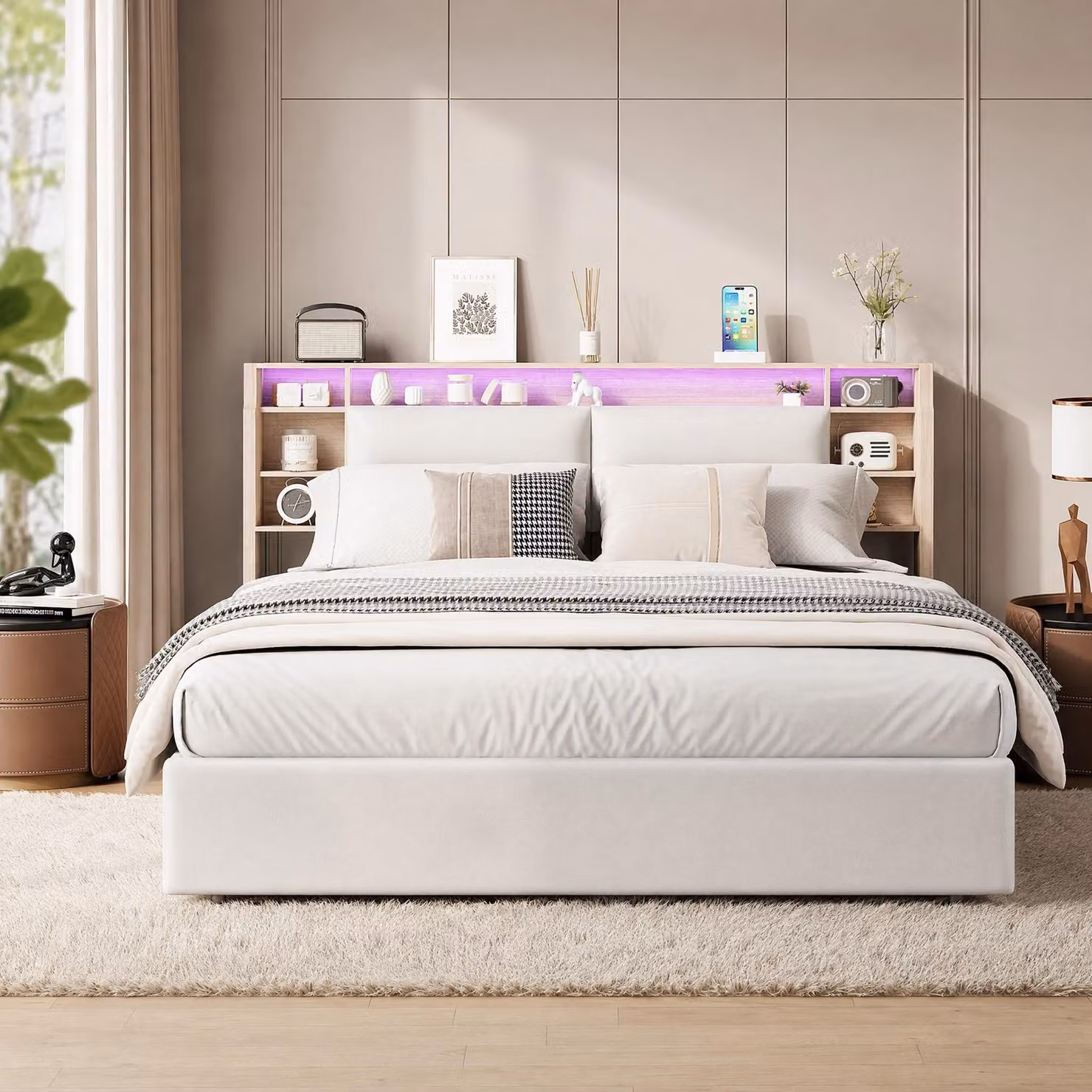Letto imbottito INONEFT, 160 x 200 cm, letto matrimoniale con luci LED, struttura in poliuretano con rete a doghe, meccanismo di sollevamento idraulico, colore bianco