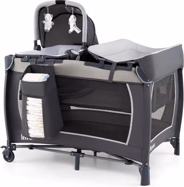 Lettino pieghevole con fasciatoio materasso con cestino e borsa da trasporto, Centro attivit¨¤ per bambini 5 in 1 Grigio