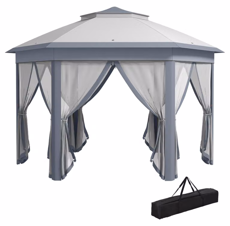 Outsunny, gazebo da giardino pieghevole con 6 pannelli laterali e tetto a doppia falda, colore grigio