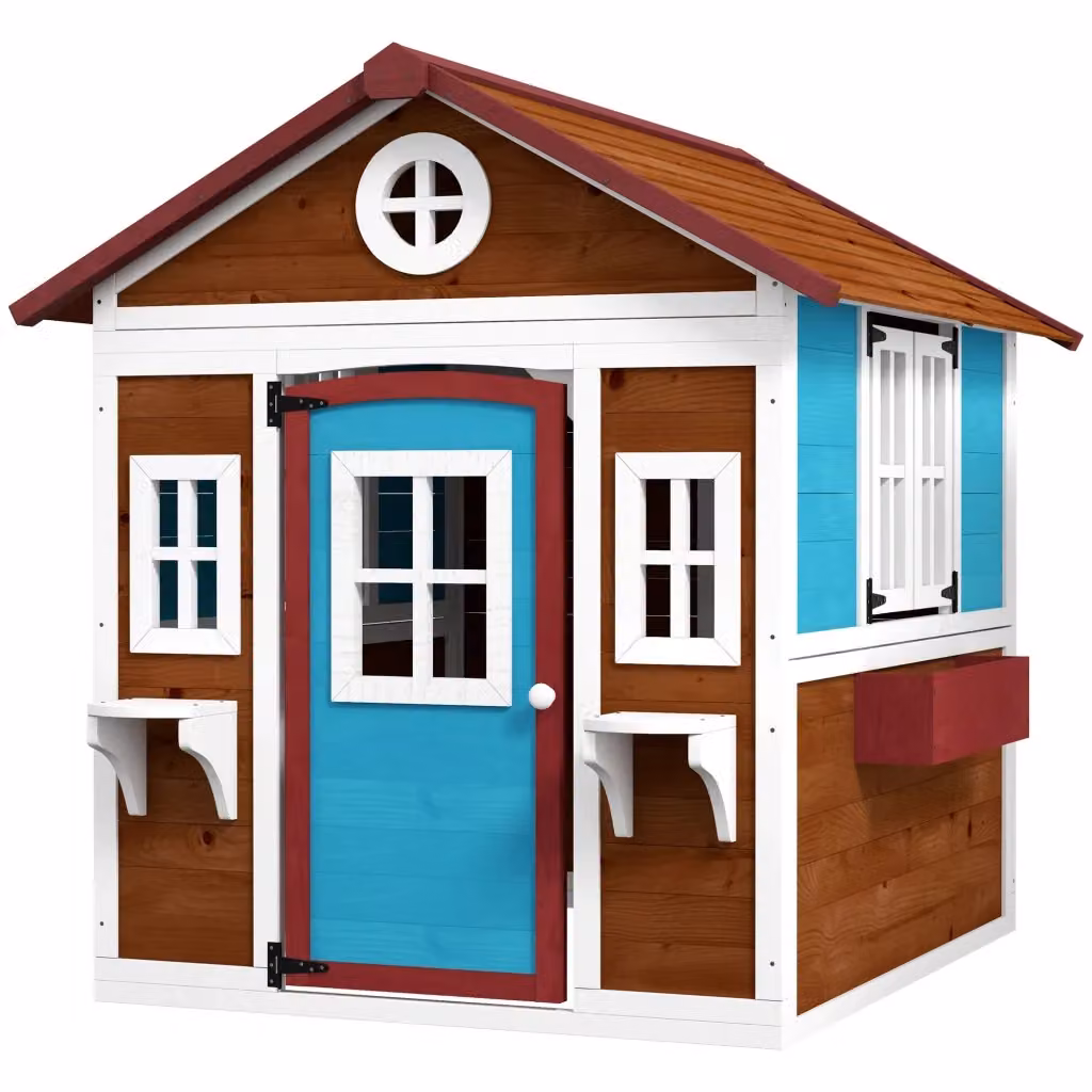 Casetta da Giardino per Bambini Minimal in Legno Blu e Marrone con Finestre e Fioriere L/P/H: 114 x 114 x 135 cm – 2