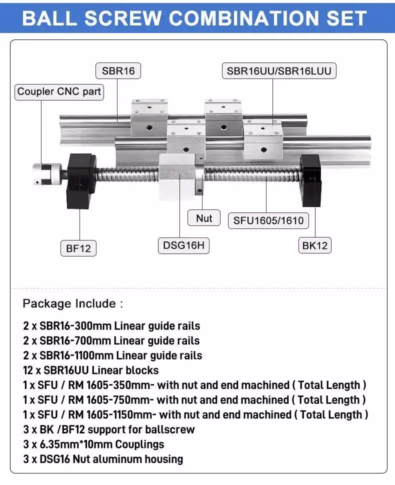 Set di guide lineari, movimento preciso, costruzione robusta, modello SBR16, lunghezze disponibili: 300/700/1100 mm