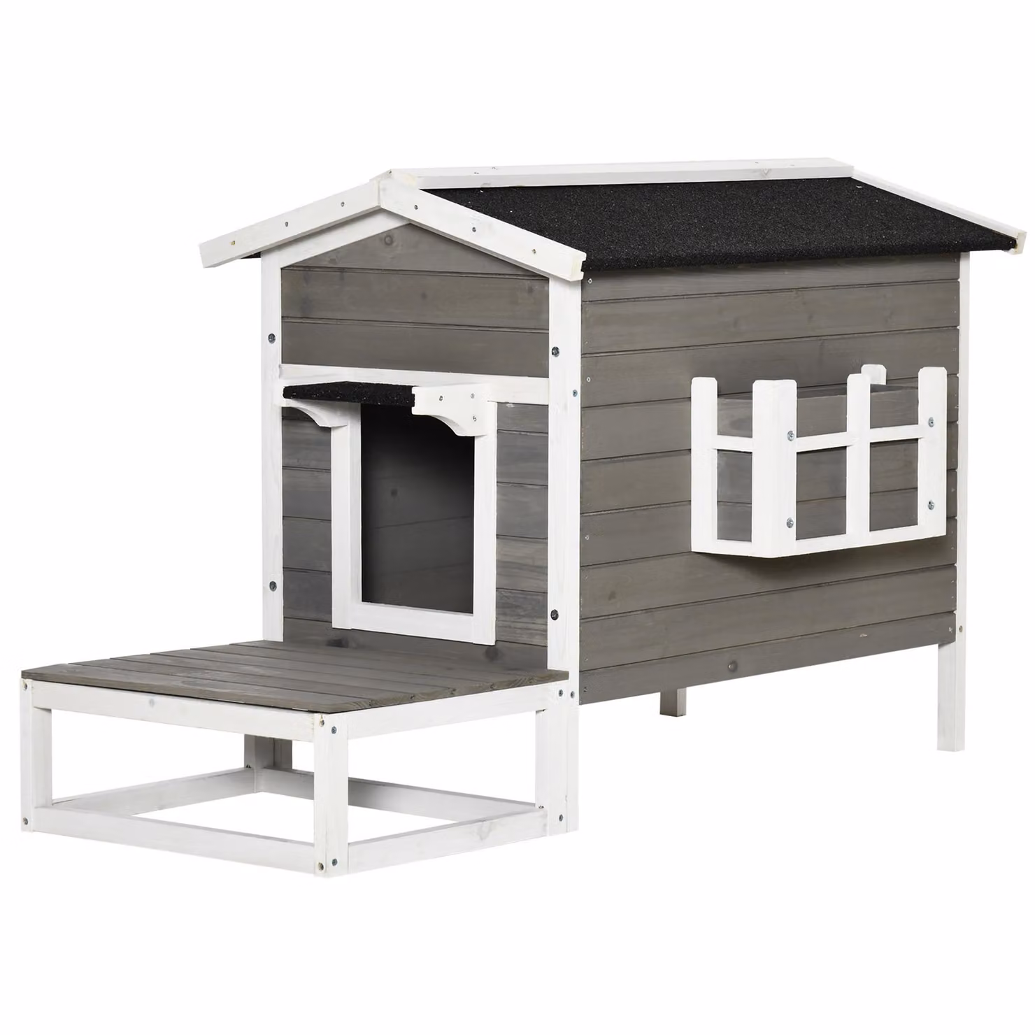 Cuccia per gatti Moonbite con terrazza e balcone, villetta per gatti a due porte, realizzata con feltro bituminoso, base rialzata, adatta a gatti e piccoli cani, in legno di abete, colore grigio