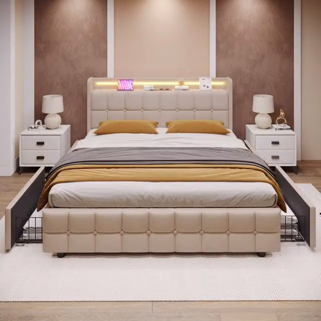 Letto matrimoniale 180×200 cm con 4 cassetti, rete, LED, prese e USB, senza materasso, tessuto beige