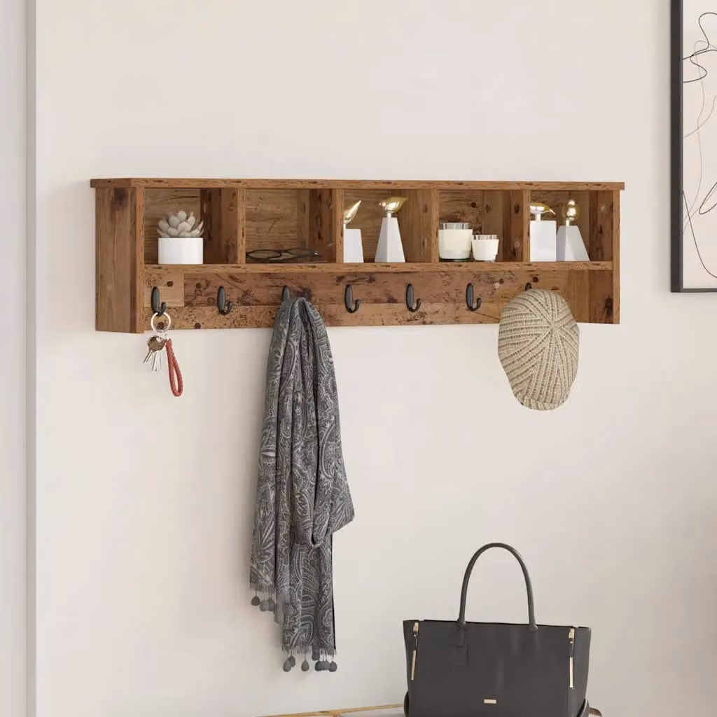 vidaXL Appendiabiti a muro in legno vecchio marrone L: 100 cm, P: 26 cm, H: 16 cm