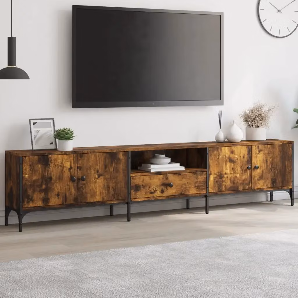 Mobile TV in Rovere Fumo con Cassetto in Legno Multistrato, Stile Industrial, L 200 x P 44 x H 25 cm – 2