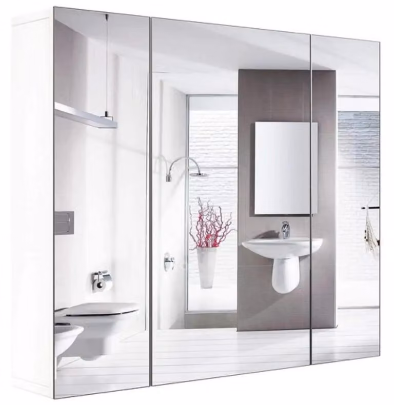Armadietto a specchio per bagno - Armadietto a specchio sospeso - 3 ante - Legno - Design moderno - 70x60x15 cm - Senza illuminazione - Bianco